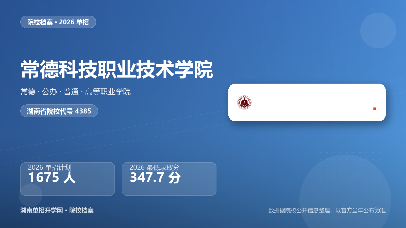 常德科技职业技术学院 单招报考档案（2026）